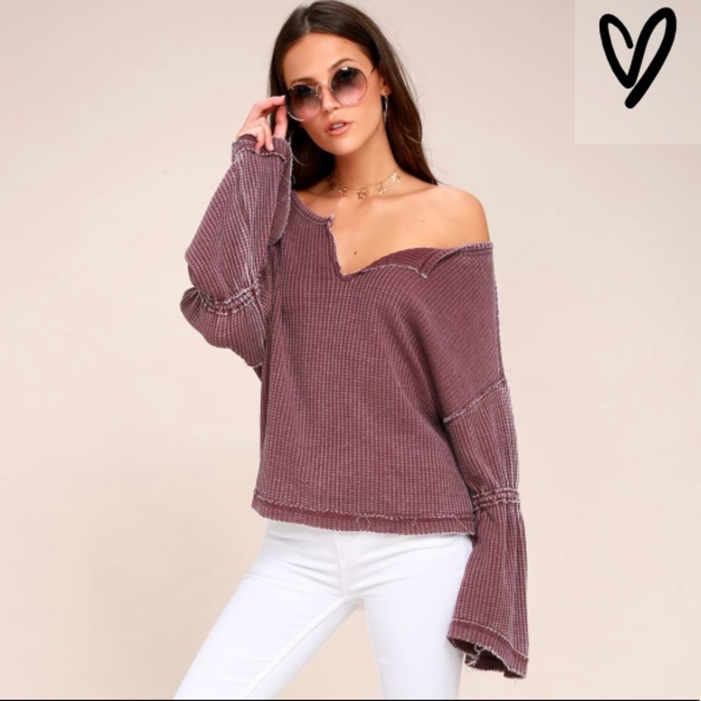Free People Bell Sleeve Washed Mauve Vneck Thermal